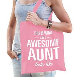 Foto van Bellatio decorations cadeau tas voor tante - roze - katoen - 42 x 38 cm - awesome aunt - feest boodschappentassen