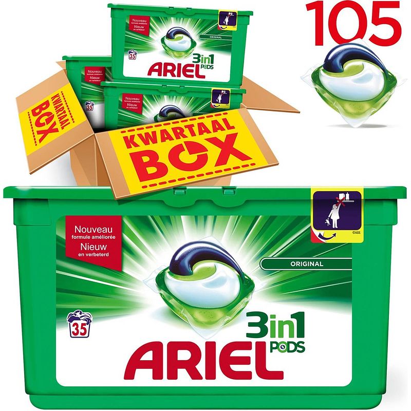 Foto van Ariel 3in1 pods original - kwartaalbox 105 wasbeurten - wasmiddel capsules