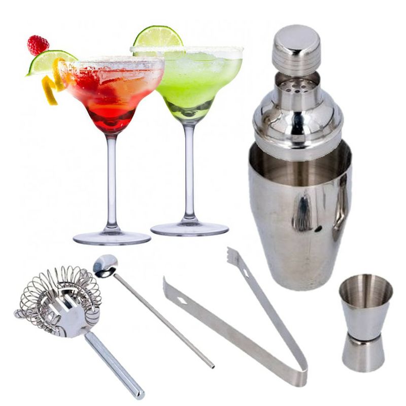 Foto van Set van 4x margarita cocktailglazen met luxe 5-delige cocktailshaker set rvs - cocktailglazen