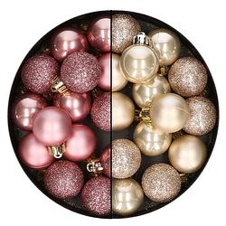 Foto van 28x stuks kleine kunststof kerstballen champagne en oudroze 3 cm - kerstbal