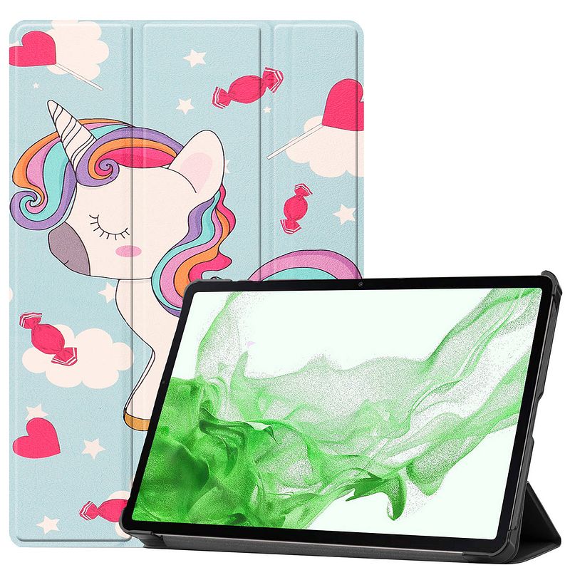 Foto van Basey samsung galaxy tab s8 ultra hoesje kunstleer hoes case cover - unicorn