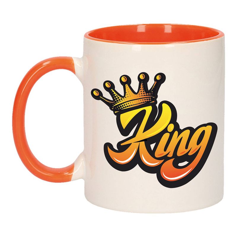 Foto van Koningsdag king met kroon mok/ beker oranje wit 300 ml - feest mokken