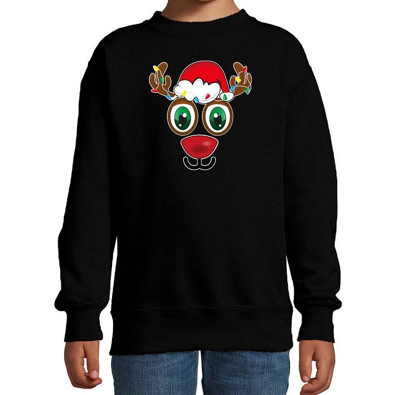 Foto van Bellatio decorations kersttrui/sweater voor kinderen - rudolf gezicht - rendier - zwart 12-13 jaar (152/164) - kerst tru