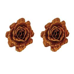 Foto van 2x stuks decoratie bloemen roos koper glitter op clip 10 cm - kersthangers
