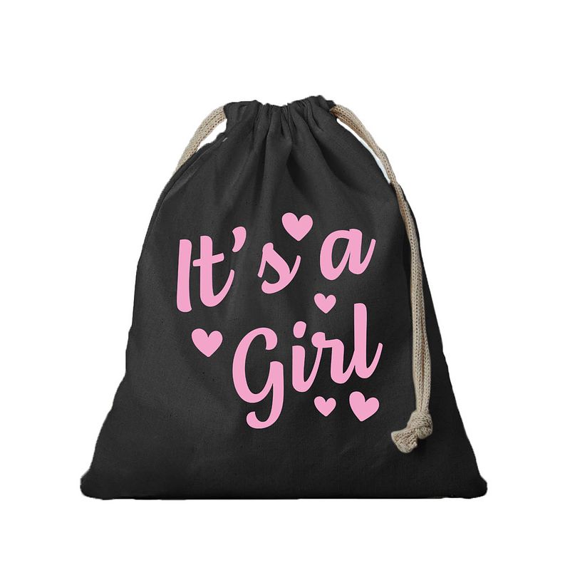 Foto van 1x canvas cadeautasje/ kraamcadeau tasje it's a girl zwart met koord 25 x 30 cm - cadeauverpakking feest