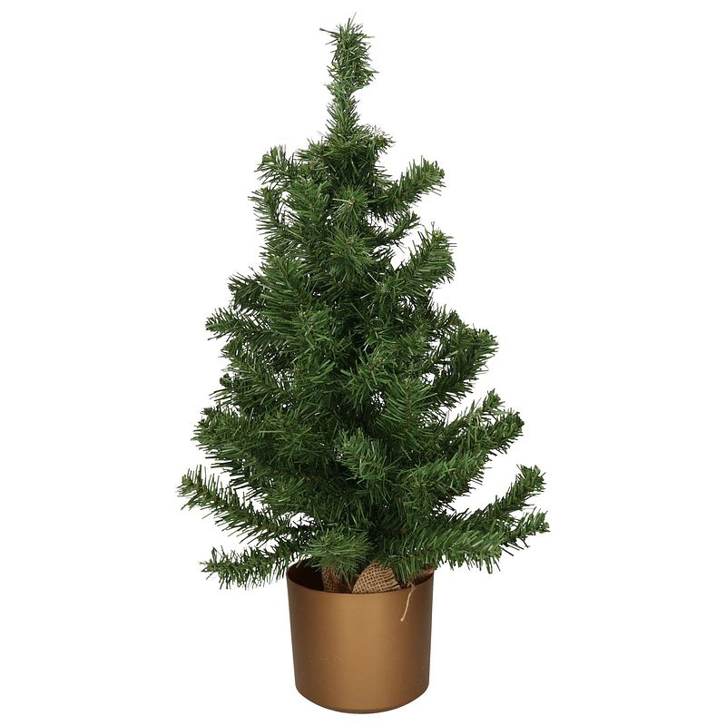 Foto van Mini kerstboom groen - in gouden kunststof pot - 75 cm - kunstboom - kunstkerstboom