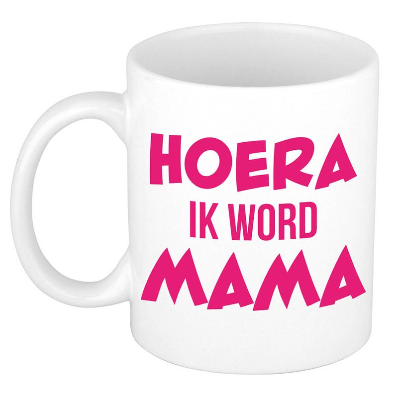 Foto van Hoera ik word mama cadeau mok / beker wit met roze letters 300 ml - feest mokken