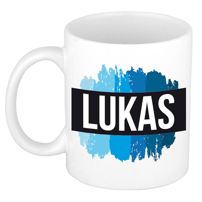 Foto van Naam cadeau mok / beker lukas met blauwe verfstrepen 300 ml - naam mokken