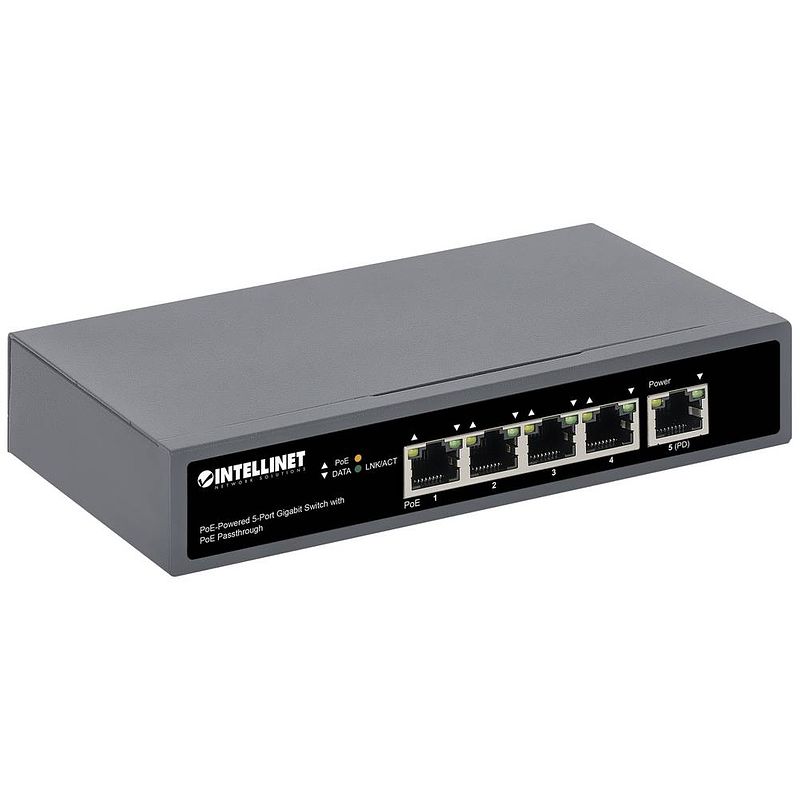 Foto van Intellinet poe-powered 5-port gigabit netwerk switch rj45 10 / 100 / 1000 mbit/s ieee 802.3af (12.95 w), ieee 802.3at (25.5 w), ieee 802.3bt