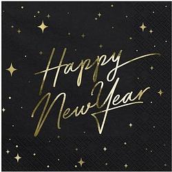 Foto van 40x nieuwjaar happy new year servetten zwart/goud 33 x 33 cm - oudjaarsavond/nieuwjaarsborrel/jaarwisseling versieringen