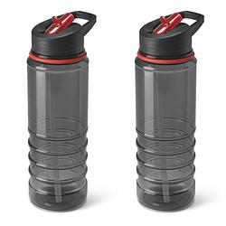 Foto van 2x stuks kunststof waterfles/drinkfles transparant zwart/rood met rietje 650 ml - drinkflessen