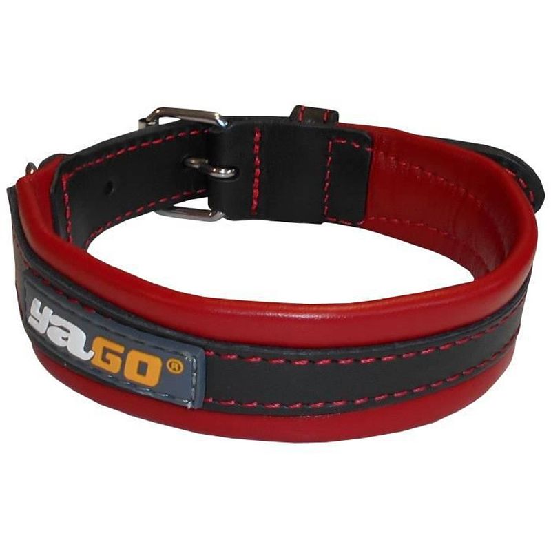 Foto van Yago zwart en rood lederen halsband zacht en verstelbaar voor middelgrote hond, maat m 34-43 cm