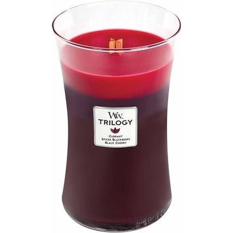 Foto van Woodwick - large trilogy hourglass geurkaars - sun ripened berries - tot 130 branduren