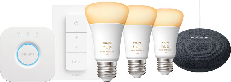 Foto van Philips hue white ambiance starter pack e27 3-pack + dimmer + bridge + google nest mini