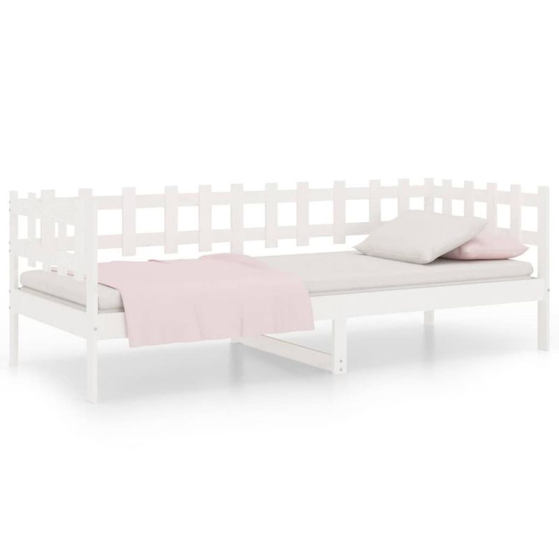 Foto van The living store houten logeerbed - wit - 203.5 x 86 x 68.5 cm - grenenhout - 3-zijdig bedhek - gelat ontwerp -