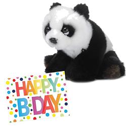 Foto van Pluche knuffel panda beer 15 cm met a5-size happy birthday wenskaart - knuffelberen