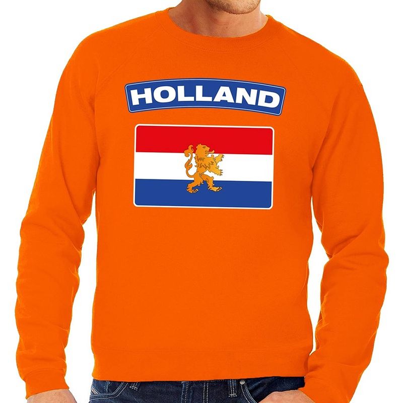 Foto van Oranje holland vlag sweater / trui heren - oranje koningsdag/ supporter kleding l