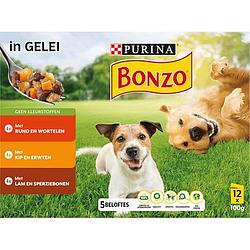 Foto van Bonzo hondenvoer nat met rund, kip of lam in gelei 12x100g bij jumbo