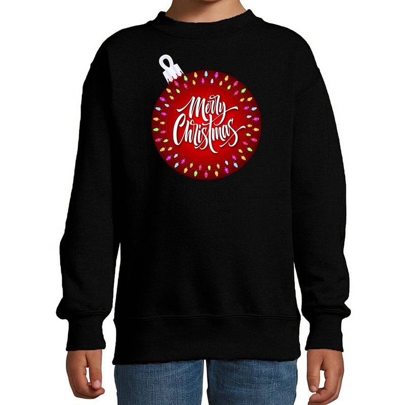 Foto van Zwarte kersttrui / kerstkleding kerstbal merry christmas voor kinderen 3-4 jaar (98/104) - kerst truien kind