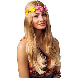 Foto van Carnaval/festival hippie flower power hoofdband met gekleurde bloemen - verkleedhaardecoratie
