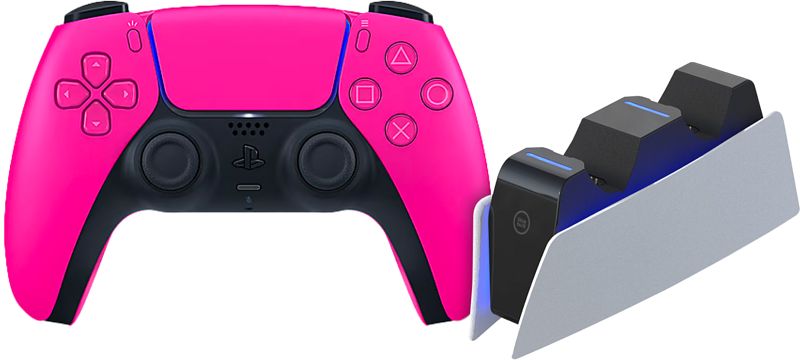 Foto van Sony playstation 5 dualsense draadloze controller nova pink + bluebuilt oplaadstation