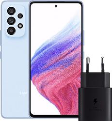 Foto van Samsung galaxy a53 128gb blauw 5g +  samsung 25 watt snellader zwart