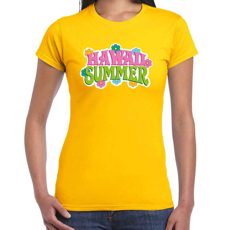 Foto van Hawaii summer t-shirt geel voor dames xl - feestshirts