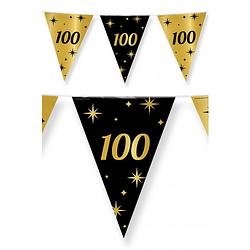 Foto van 3x stuks leeftijd verjaardag feest vlaggetjes 100 jaar geworden zwart/goud 10 meter - vlaggenlijnen