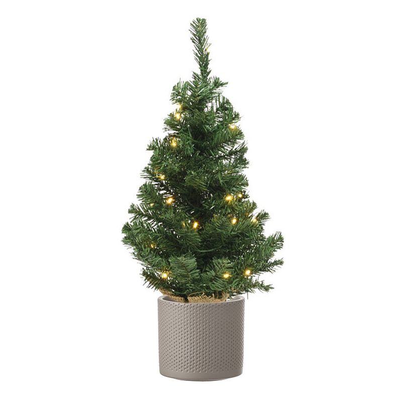 Foto van Volle mini kerstboom groen in jute zak met verlichting 60 cm en taupe pot - kunstkerstboom