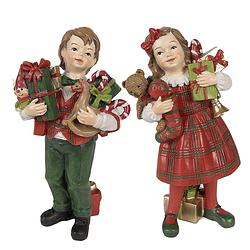 Foto van Clayre & eef decoratie beeld kinderen set van 2 / 13 cm rood groen polyresin kerstdecoratie rood kerstdecoratie