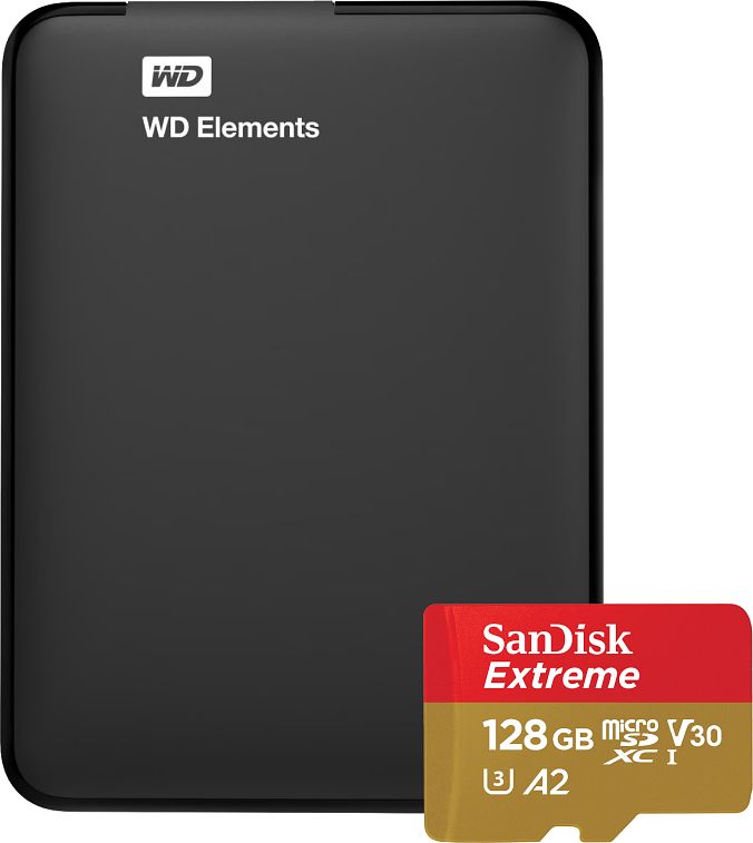 Foto van Wd elements portable 5tb + sandisk microsdxc extreme 128gb