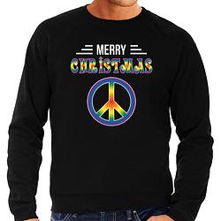 Foto van Merry christmas hippie foute kerstsweater / kersttrui zwart voor heren s - kerst truien