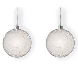 Foto van 2x stuks verlichte glazen kerstballen met 40 lampjes zilver/warm wit 20 cm - kerstverlichting figuur