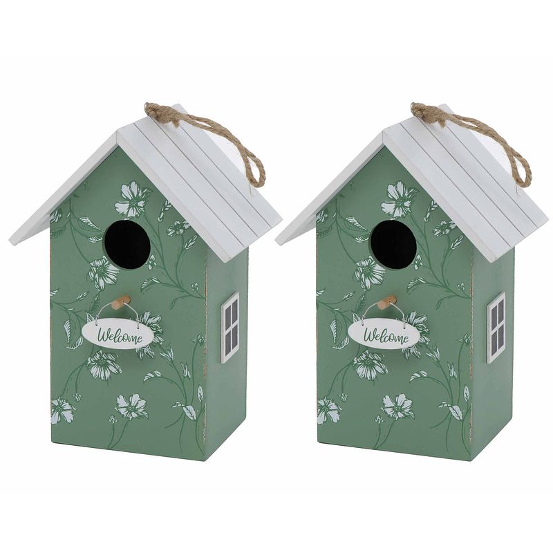 Foto van 2x vogelhuisje/nestkastjes groen/wit hout 22 cm - vogelhuisjes tuindecoraties