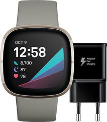 Foto van Fitbit sense groen/zilver + samsung adaptive fast charging oplader 15w zwart