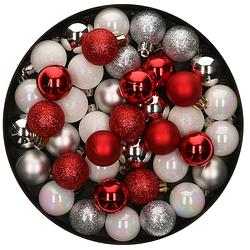 Foto van 42x stuks kunststof kerstballen mix wit/zilver/rood 3 cm - kerstbal