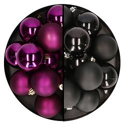 Foto van Kerstballen 24x stuks - mix zwart en paars - 6 cm - kunststof - kerstbal