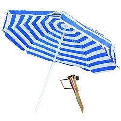 Foto van Blauw/wit gestreepte strand/camping parasol 165 cm met grondpen/haring - parasols
