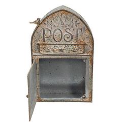 Foto van Haes deco - brievenbus vintage grijs metaal met vogeltje en tekst ""post"", formaat 25x10x40 cm