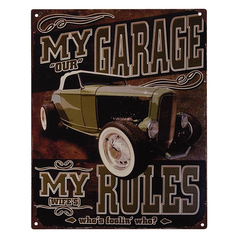 Foto van Clayre & eef tekstbord 20x25 cm bruin zwart ijzer my garage wandbord spreuk wandplaat bruin wandbord spreuk