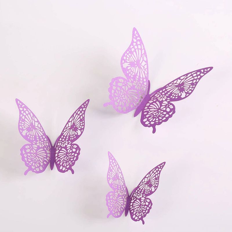 Foto van Cake topper decoratie vlinders of muur decoratie met plakkers 12 stuks paars - 3d vlinders - vl-02