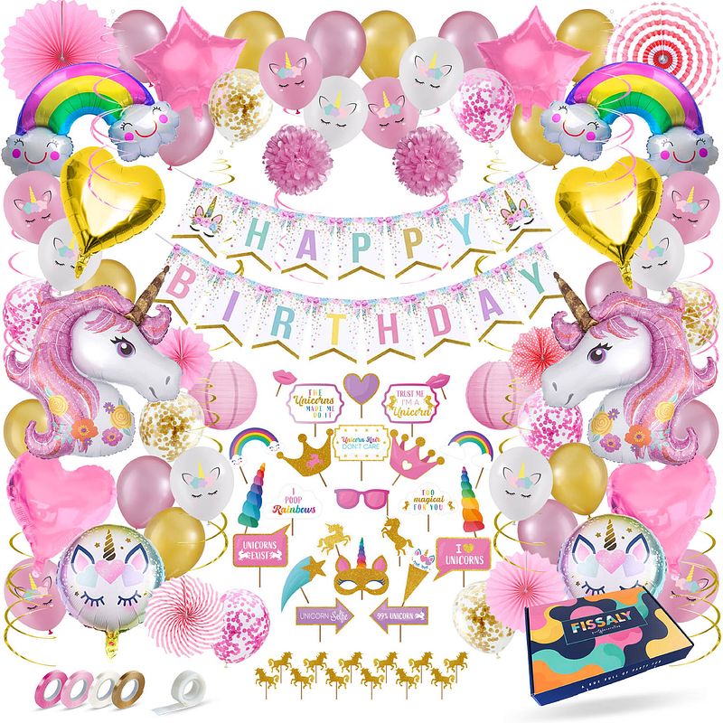 Foto van Fissaly® 134 stuks luxe eenhoorn verjaardag decoratie versiering met ballonnen - unicorn set - kinderfeest - feest
