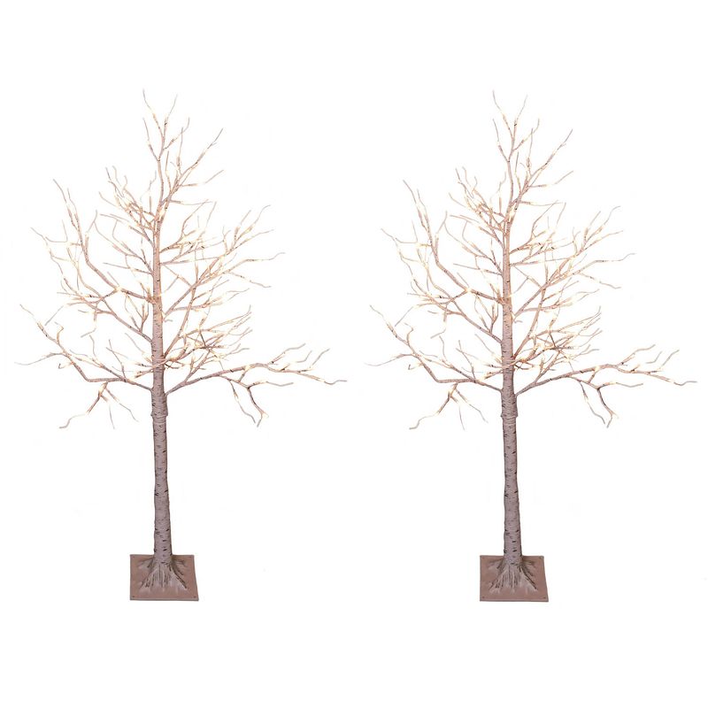 Foto van 2x stuks verlichte figuren witte lichtboom/metalen boom/berkenboom met 120 led lichtjes 130 cm - kerstverlichting figuur