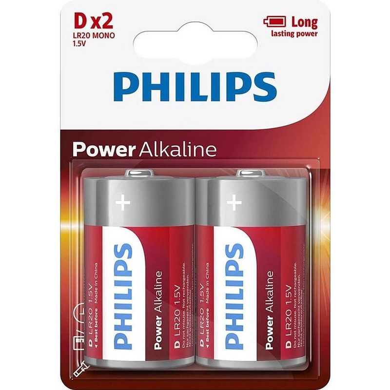 Foto van 20 stuks (10 blisters a 2 st) philips power alkaline d batterijen