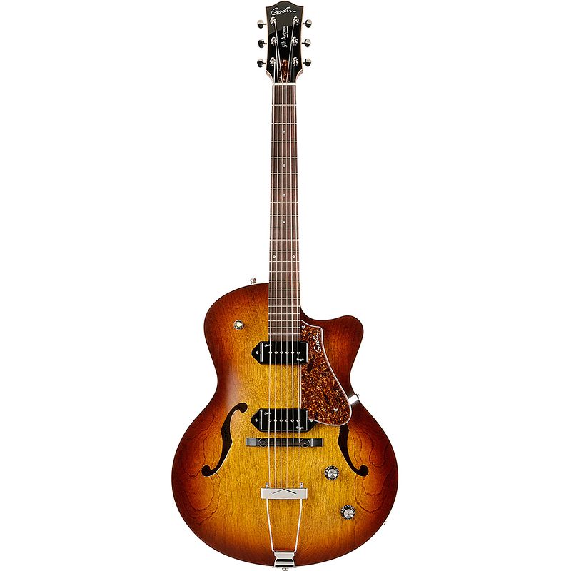 Foto van Godin 5th avenue cutaway kingpin ii p90 cw cognac burst semi-akoestische gitaar