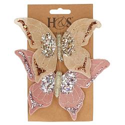 Foto van 2x stuks kunststof decoratie vlinders op clip roze en beige 10 x 15 cm - kunstbloemen