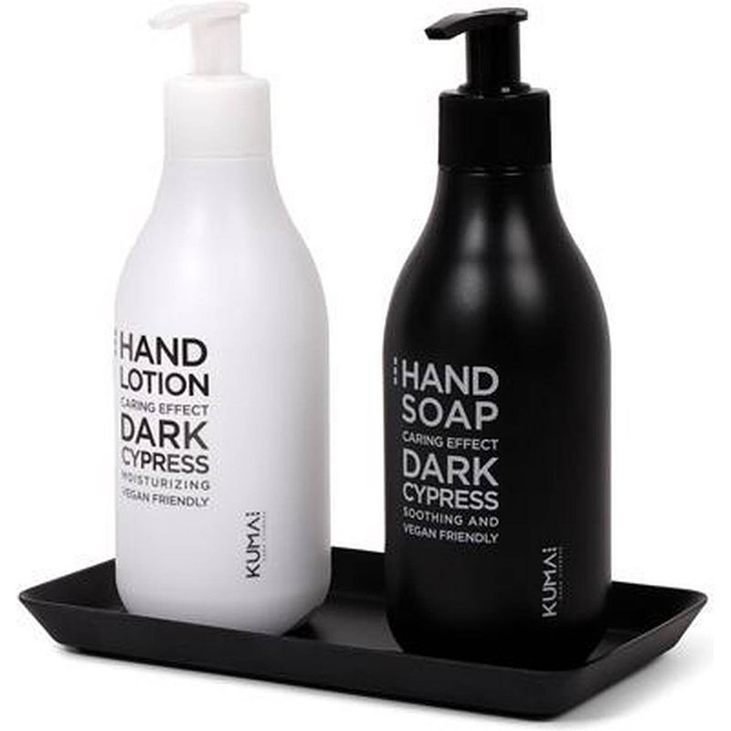 Foto van Kumai dark cypress handlotionset - handzeep - inclusief tray - giftbox