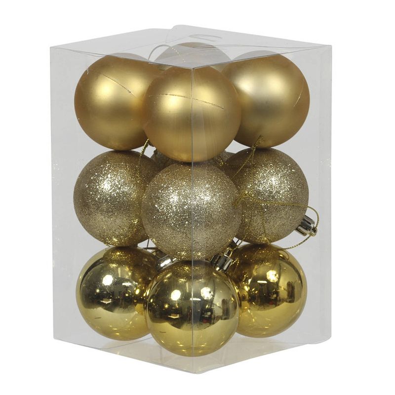Foto van 12x gouden kunststof kerstballen 6 cm glans/mat/glitter - kerstbal