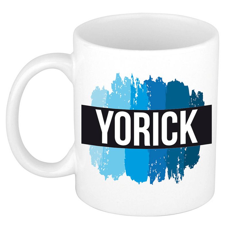 Foto van Naam cadeau mok / beker yorick met blauwe verfstrepen 300 ml - naam mokken