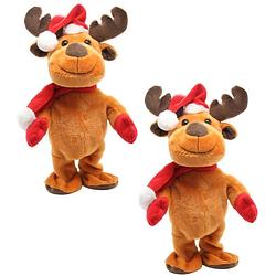 Foto van 2x stuks rendier pop knuffels dansend 30 cm bewegende kerstfiguren/kerstpoppen - kerstman pop